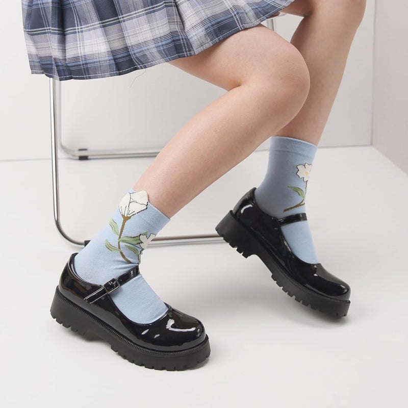 MarJunSep Cute Floral Crew Socks for Women Teen Girls Flower Cottagecore Frilly Vintage Fancy Cotton Socks - Image 3